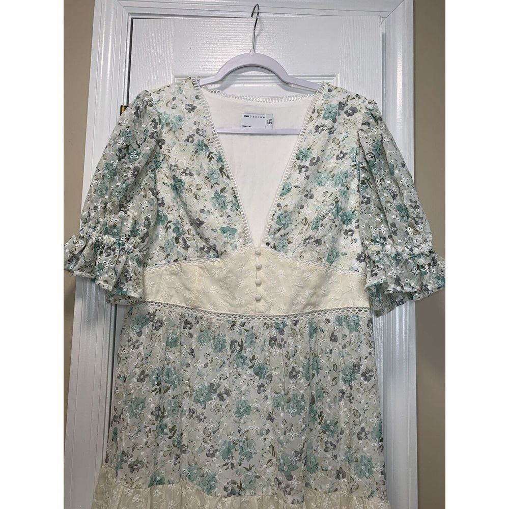 ASOS Women's 10 Eyelet Tiered Midi Tea Dress Mixed Ditsy Print Embroidered NWT - Picture 2 of 11